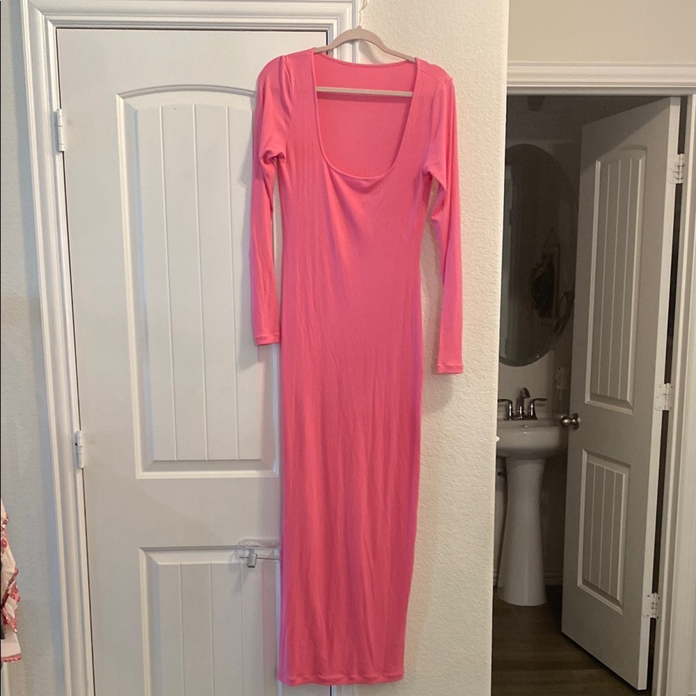 Pumiey Elegant Pink Long Sleeve Body-con Dress, Sz L
